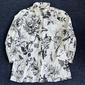 Talbots Shirt Womens 12 White Black Floral Button Up Long Sleeve Stretch Top